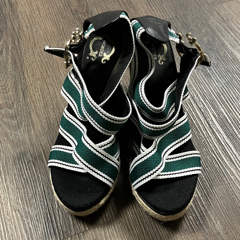 C. Wonder Black Wedge Sandals with Green & White Striped Straps